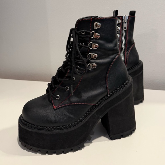Demonia Black Platform Boots with Red Stitching - Picture 2 of 4
